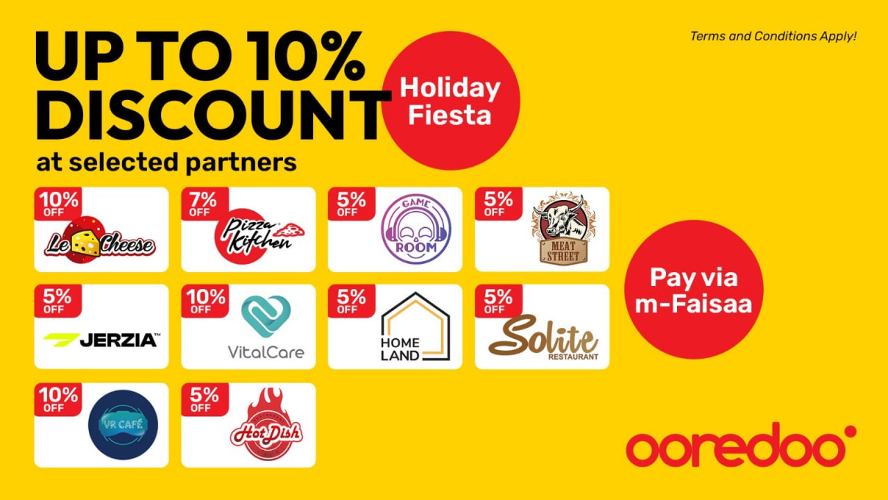 Ooredoo Holiday Fiesta: up to 10% discount at various outlets for m-Faisaa payments
