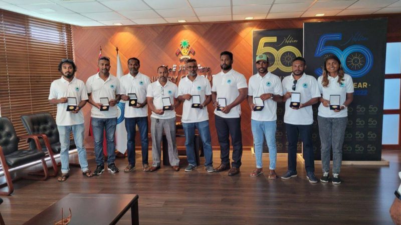 HDC 2 staffs presented with award for travelling to all atolls in Jet Ski